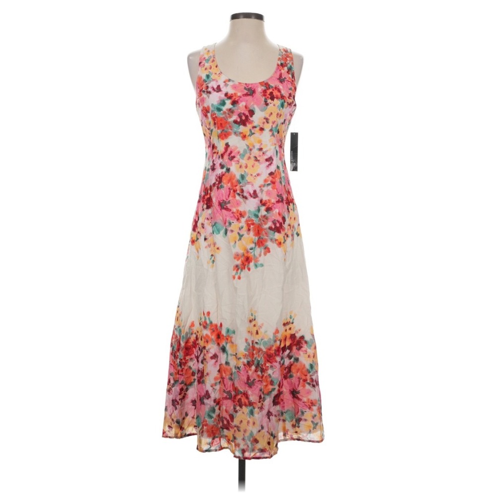 Maggy London Floral Midi Dress Womens 14 NEW White Pink Orange Cotton MSRP $148